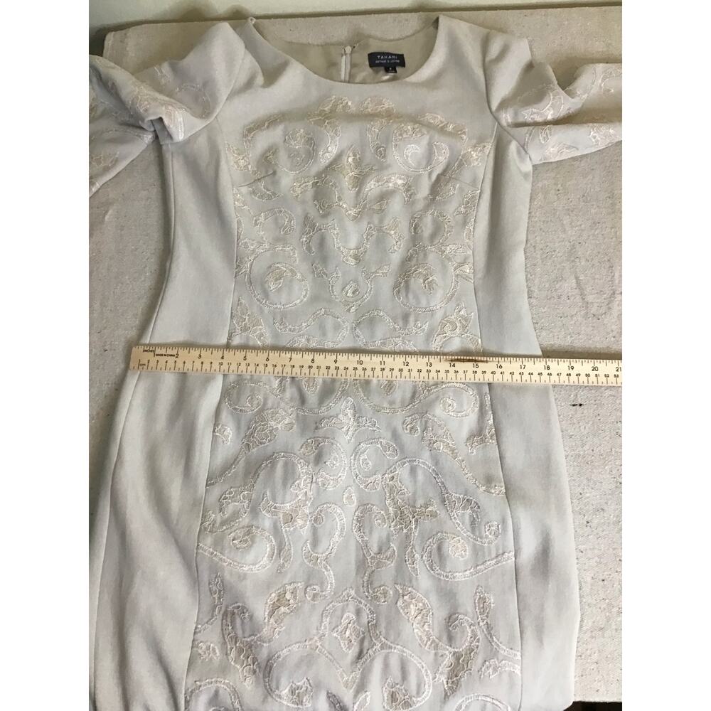 Tahari Women Cream Formal shift dress white scrolling pattern embroidery Sz. 8 - Picture 7 of 12